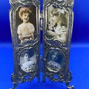 Vintage Baroque Style Pewter 2 Panel Mini Photo Frame 4 Pictures RARE